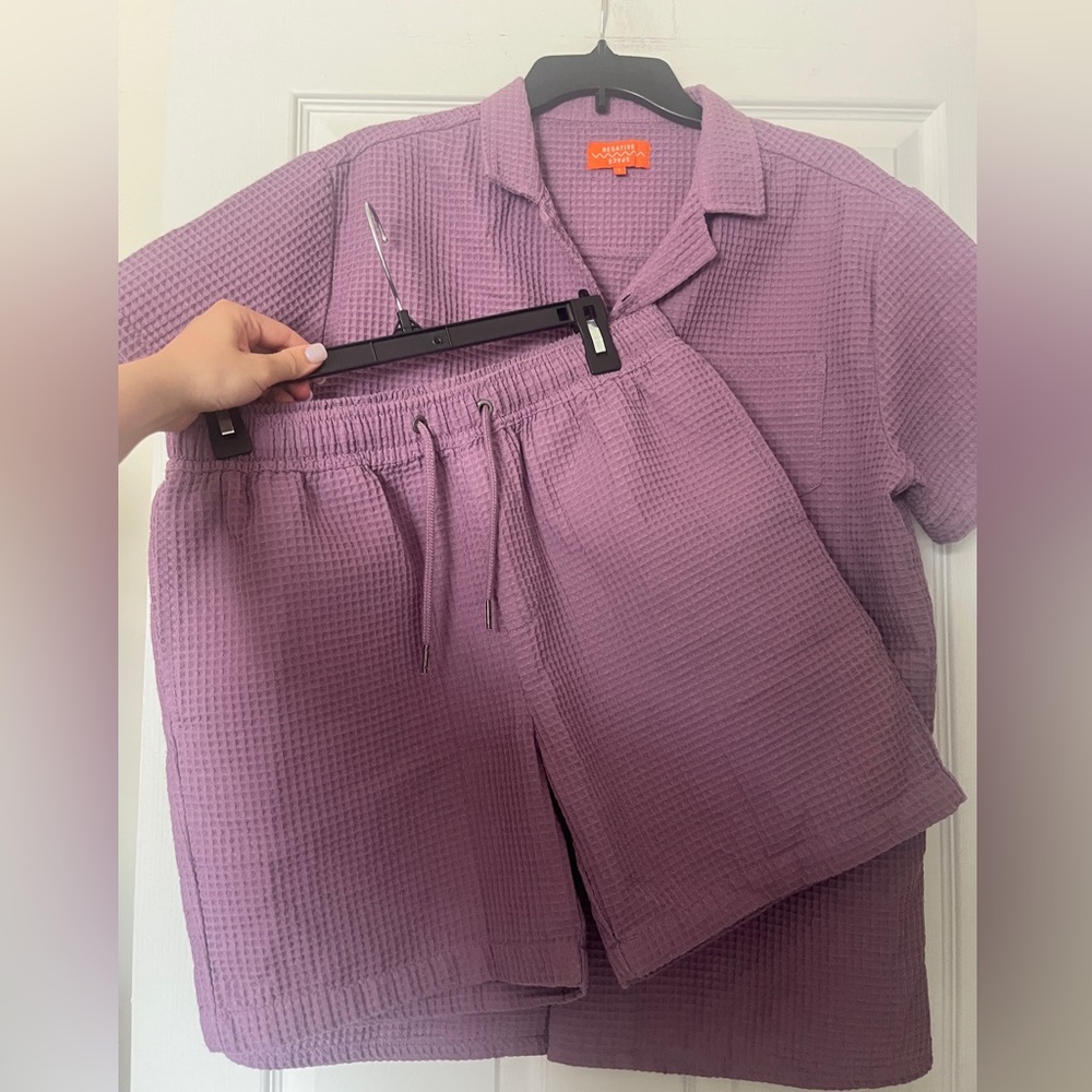 Purple Waffle Knit Matching Set Negative Space Button Shirt L Shorts M Lounge